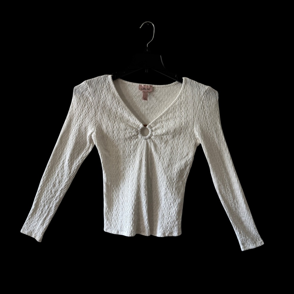 Boho O-Ring Crinkle Plisse Long Sleeve Top Sz S Ivory V-Neck Romantic Fairycore